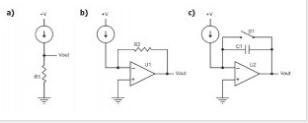 圖2：電流測量電路：電阻（a），互阻抗（b）和積分器（c）